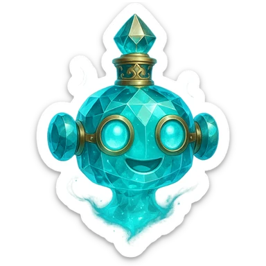 cute, luxurious crystal elixir bottle in the shape of a friendly and playful robot head, cyan color, lots of glowing, facets, ornaments, golden details, magical effects, very small almost invisible neck, transparent background, beautiful merging bottom, clearly floating in the air, no base or shadow, premium class impression, design matching a collection of crystal, luxurious, magical bottles sticker