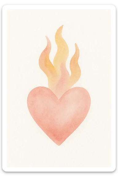 heart with flames of fire in red-orange, yellow, and pink, artistic illustration style sticker
