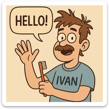 A boy brown mustache Toothbrush Bed Head hair blue ok t-shirt Ivan say hello sticker