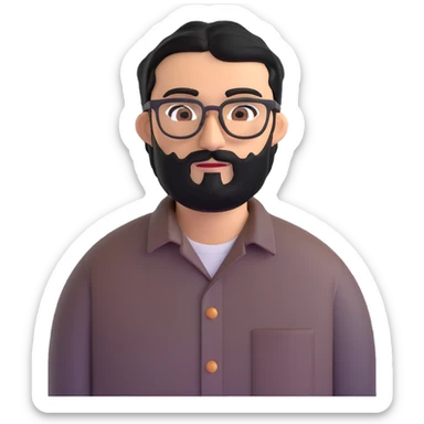 man with medium black beard, black hair, connected unibrow, olive tan skin, brown eyes, glasses, prominent long nose, wearing casual business attire like a button-up shirt without tie sticker