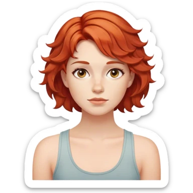 Menina ruiva de cabelos ondulado, cortado em camadas curto. Ela está de lado e usa uma regata sticker