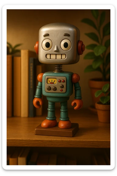 a classic robot bobblehead with antenna sticker