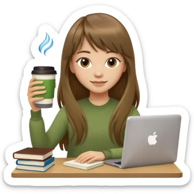 a designer with light skin long brown hair bangs waving, stack of books, coffee cup on top, water bottle, computer, matcha, no glasses sticker