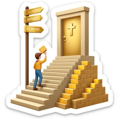 represents the habit formation process with a person stacking bricks to build a staircase, a signpost labeled "Cue → Action → Reward", and a glowing golden door at the top symbolizing success and transformation. Let me know if you need any tweaks! 🚀 sticker