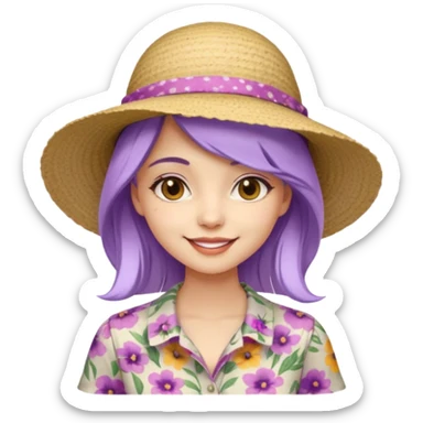 young fashionable woman, straight lavender hair, wearing a sunhat and floral blouse, playful smile sticker