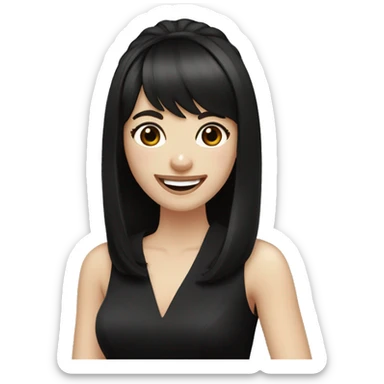 bride with very pale skin dark brown straight hair black dress and bangs laughing sticker