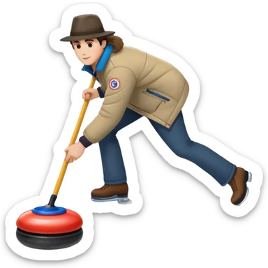 An icon featuring a curling stone sliding across the ice, with a broom nearby. The scene includes the curling rink, with its distinctive circles, and a vibrant crowd in the stands. Snowflakes fall outside the arena, and bright lights illuminate the ice. Transparent background. sticker