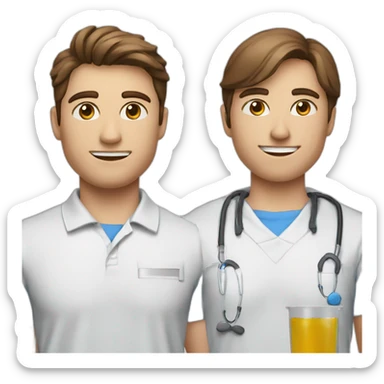 A good looking brown hair, bleu eye with a squared jaw physiotherapist with a polo sticker