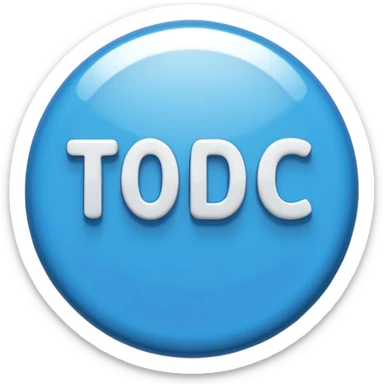 A glossy, three-dimensional emoji pin badge showing the text "TODOC". The font is modern, rounded, sans-serif, and colored in a professional medical blue. The badge has soft edges and reflections, in the style of Apple emojis. White background. sticker