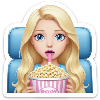 Cinematic realistic blonde with long hair, blue eyes and painted pastel pink lips, watching TV and eating popcorn sticker