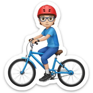 12 year old boy with short brown hair and a fringe, round glasses, blue eyes, riding a blue bike, wearing a red helmet sticker