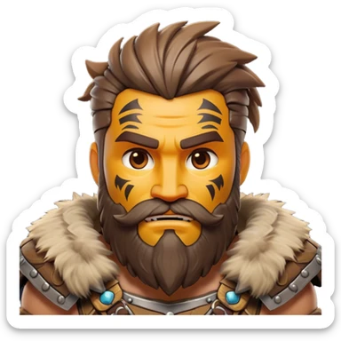 Clash of Clans style: Cinematic Rugged Barbarian Portrait Emoji, Intense and formidable with a stylized build, a rugged beard and expressive eyes, adorned in playful, battle-worn furs and cartoonish armor with tribal markings, Simplified yet powerfully detailed features, highly detailed, glowing with a deep, adventurous energy, high shine, spirited and determined, stylized with an air of raw, untamed power, soft glowing outline, capturing the essence of a barbarian warrior ready to lead epic quests! sticker