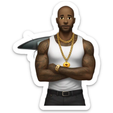 A black man with the right arm tattoed, with a car on the back and a gold chain on the neck  sticker