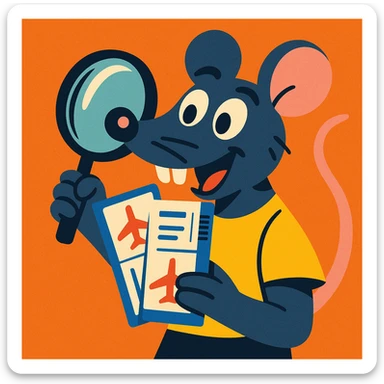 a playful style rat holding a magnifying glass and airplane tickets sticker