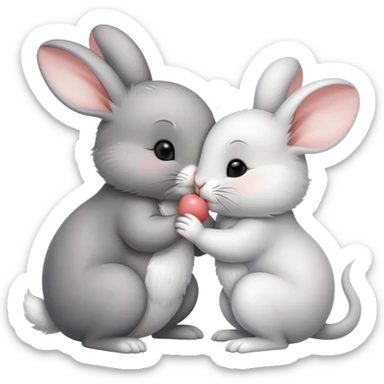 A cute white bunny kissing a cute mouse on the cheek sticker