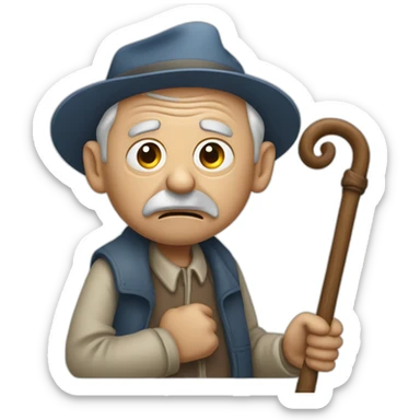 Old man leaning on a walking cane and holding his crancky back with his hand, grumpy face, detailed sticker