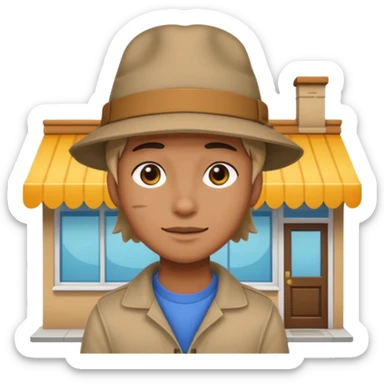 grown  2D line-drawn character + small bright shop sticker