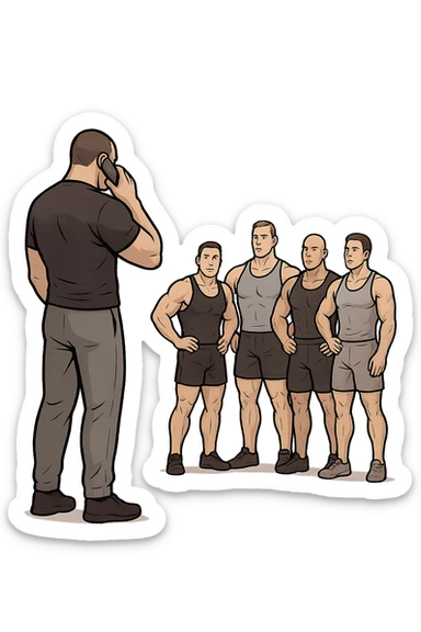 a bodybuilding coach is seen far away on the sidelines, partially turned away from the team or group, engaged in another activity (like reading, texting, or talking on the phone), while the athletes look toward them for support or instruction. The distance between coach and team is visually clear, symbolizing lack of presence. in italiano sticker