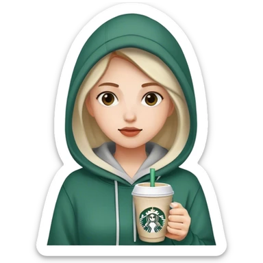 A girl wearing a hoodie and drink Starbucks sticker