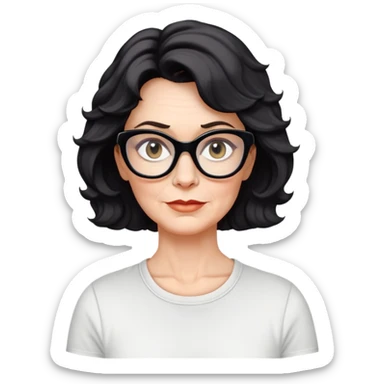 white woman about 50 years old with light warm skin, wavy black neck-length 80s short hair, neutral determined expression, large black shiny butterfly or cat-eye glasses, white casual t-shirt sticker