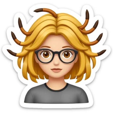 Uma garota de cabelos encaracolados compridos e mechas bem loiras, com pele morena  e óculos sticker