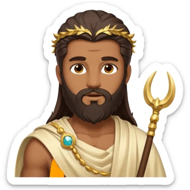 Faunus, God from Nature Roman Deities with long dark brown hair and beard, tan sequin toga, ivory horn sticker