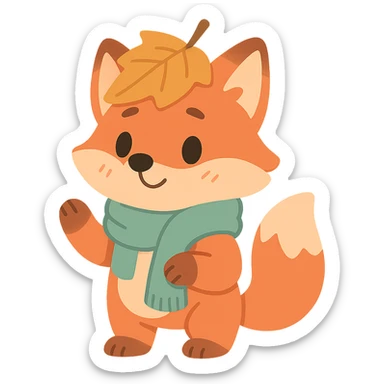fox wearing a leaf hat and scarf, cute autumn soft style, soft pastel colors, pastel-toon style sticker