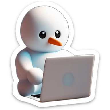 cute little snowman working with a laptop holding a coffee mug sticker