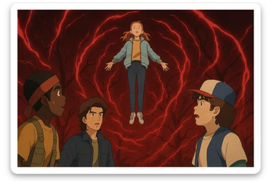 Max from Stranger Things levitating with supernatural red energy swirling around her, Lucas, Steve, and Dustin in awe. Ghibli style, wide aspect ratio (16:9), intense and mystical atmosphere. Make Lucas, Steve, and Dustin visually recognizable with their signature hairstyles and outfits. sticker