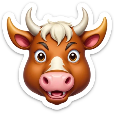 Cinematic Comical Domestic Ox Portrait Emoji, Head tilted dramatically with an exaggeratedly amused expression, featuring a striking, glossy hide with boldly curved horns and wide, expressive eyes brimming with playful disbelief, Simplified yet hilariously expressive features, highly detailed, glowing with a slightly sassy earthy glow, high shine, dramatic yet playful, stylized with an air of cheeky rural mischief, soft glowing outline, capturing the essence of a spirited and over-the-top ox that looks ready to charge its way into internet fame instantly! sticker