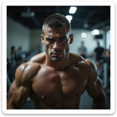 realistic, dramatic lighting; muscular man in gym, mid-workout, tense and weary face, sweat, eyes with emotional fatigue, background with blurry stress symbols (emails, bills, clocks), gym equipment, surreal overlay sticker