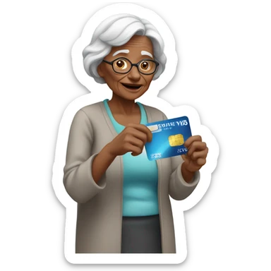 Old woman with a credit card sticker