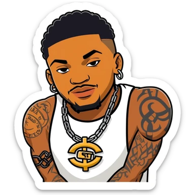 black man with tattoos, chain, grills, gang member style sticker