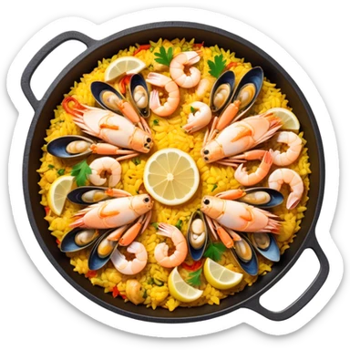 cinematic-realistic-paella-dish-emoji,-depicted-as-a-vibrant,-aromatic-rice-dish-loaded-with-seafood,-chicken,-and-saffron-rendered-with-rich-textures-and-dynamic,-warm-lighting with a lemon slice in the middle sticker