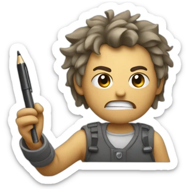 Angry Student holding a small rectangle paper on right side of hand and a pen on left side of the hand sticker