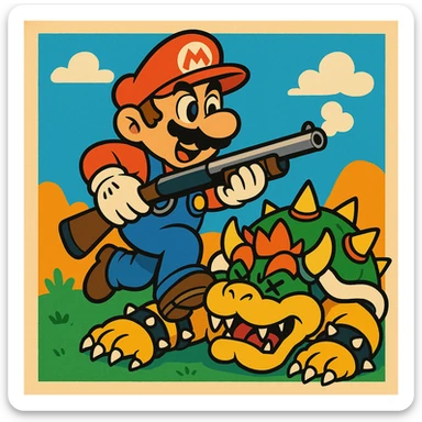 Mario holding a shotgun, Bowser defeated on the ground, dynamic action, cartoon style, vibrant colors sticker