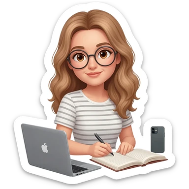 detailed emoji illustration of a woman with long light brown wavy hair and light brown eyes wearing round glasses, writing her book on a MacBook, with an iPad and an iPhone next to her, focused writing atmosphere, emoji style sticker
