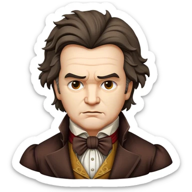 Cinematic Realistic Beethoven Portrait Emoji, depicted as a passionate composer with intense expressive features in period attire, rendered with rich textures and dramatic moody lighting that captures the turbulent genius of his music. sticker