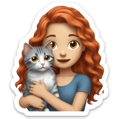 girl with red long wavy hair and blue eyes holding a grey tabby cat sticker