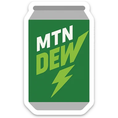 flat icon of a Mountain Dew can, bold green and silver colors, stylized lightning bolt, minimal details, beverage theme sticker