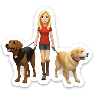 Two girls walking their dogs, one with. Blonde hair, one with brown hair, one with a red golden retriever and the other a white lab pointy nose in the woods sticker