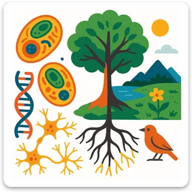A realistic biological illustration (like in a school book) showing: DNA strands transitioning into a tree, cells with visible organelles, neurons connected to plant roots  and a balanced ecosystem background . Seamless integration, no labels or borders, complete white background (not off white!), detailed but minimalist.  sticker