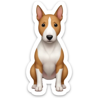 bull terrier with black head and body and a white chest sticker