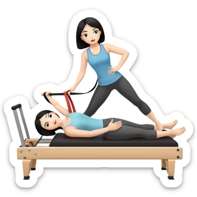 Mujer de pelo negreo haciendo pilates en un reformer con cabecero y sintas en los pies sticker