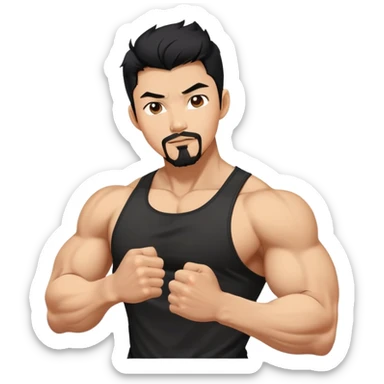 Korean Asian handsome man with black pointy hair full goatee and full body biceps sticker
