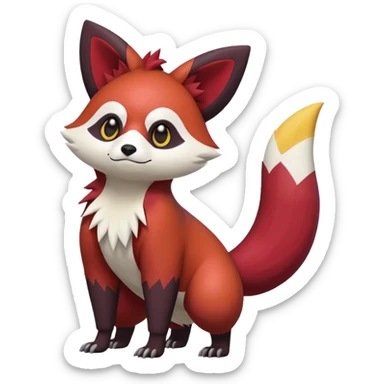 Red, brown, black, white, yellow, Zangoose-Cacomistl-Red-Panda-Rattata-Skitty-Noibat-Purrloin-Fakemon-hybrid-creature (full body) sticker