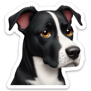 black dog with white patch, big jowls, sad puppy eyes, angel wings, red collar sticker