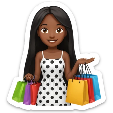 black girl with long straight hair and white dress with black dots holding shopping bags  sticker