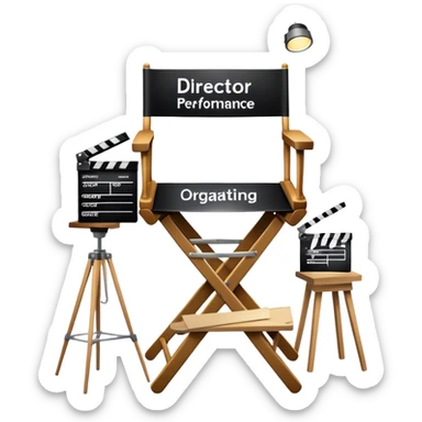 Icon for Directing: a director's chair, a film clapperboard, and a stage with a spotlight. The icon should represent the creative and organizational aspects of directing, with focus on storytelling, staging, and performance. Transparent background. sticker