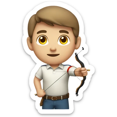 a male archer aiming with a bow looking at his target, wearing a polo shirt, brown hair, bright skin, sticker